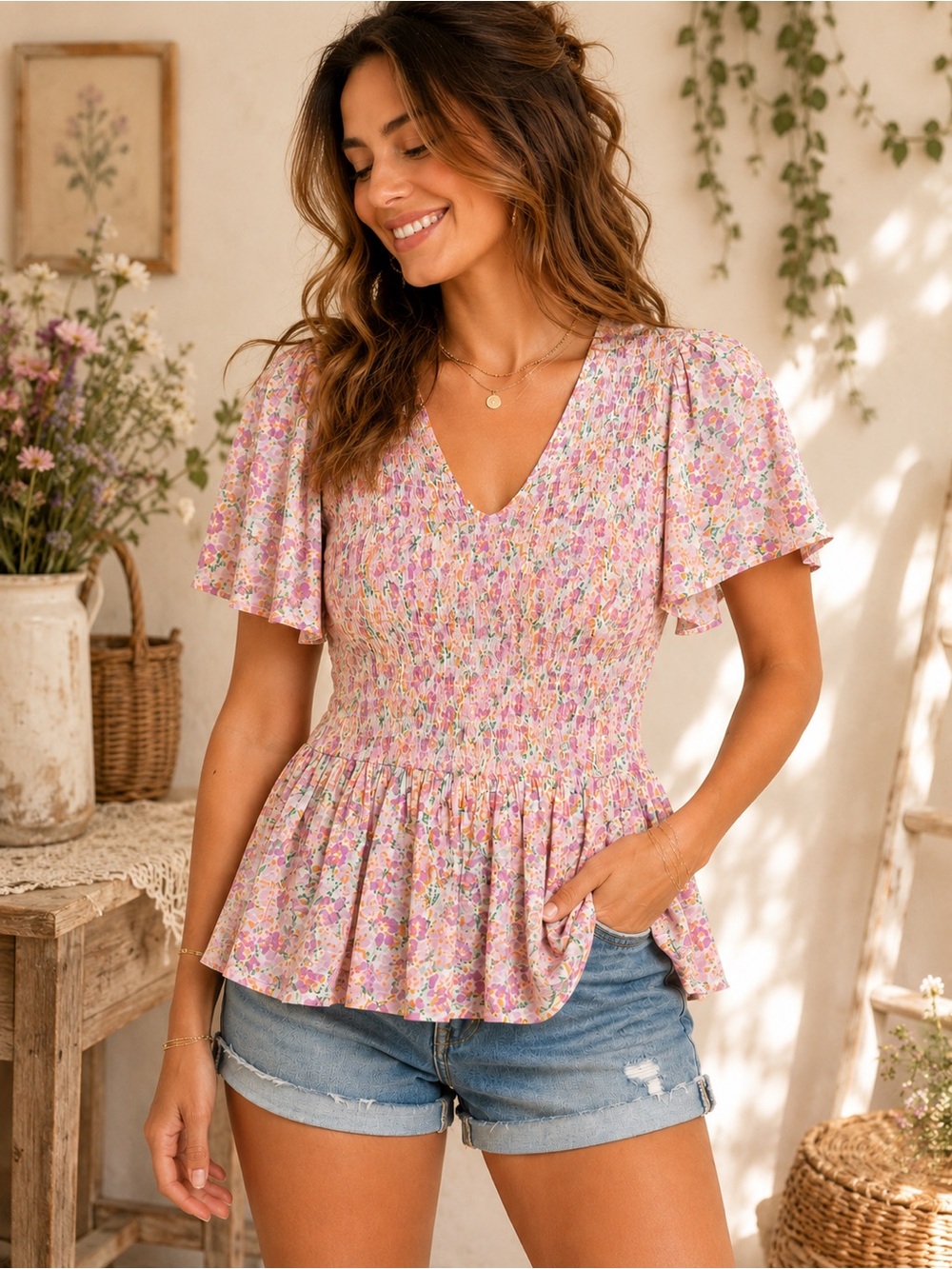 Japna Floral Smocked Peplum Top Large Cottagecore Boho Viscose